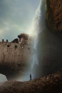 Preview wallpaper silhouette, alone, rock, waterfall, ship