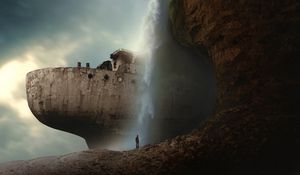 Preview wallpaper silhouette, alone, rock, waterfall, ship