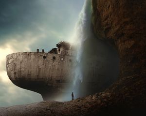 Preview wallpaper silhouette, alone, rock, waterfall, ship