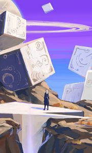 Preview wallpaper silhouette, alone, ruins, cubes, fantasy, art