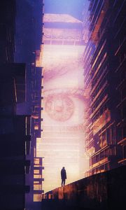 Preview wallpaper silhouette, alone, screen, eye, buildings, light, cyberpunk