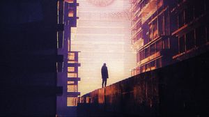 Preview wallpaper silhouette, alone, screen, eye, buildings, light, cyberpunk