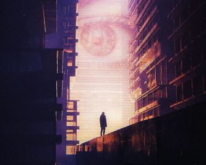 Preview wallpaper silhouette, alone, screen, eye, buildings, light, cyberpunk