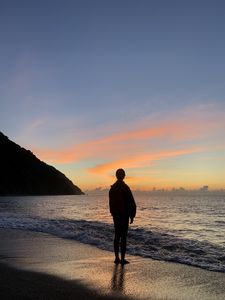 Preview wallpaper silhouette, alone, sea, beach, sunset, dark