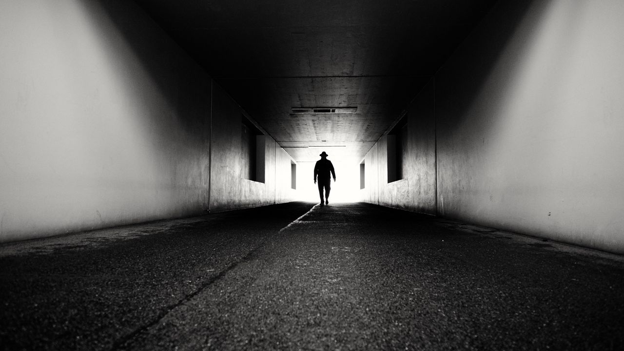 Wallpaper silhouette, alone, tunnel, black and white, black