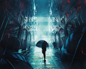 Preview wallpaper silhouette, alone, umbrella, rain, future