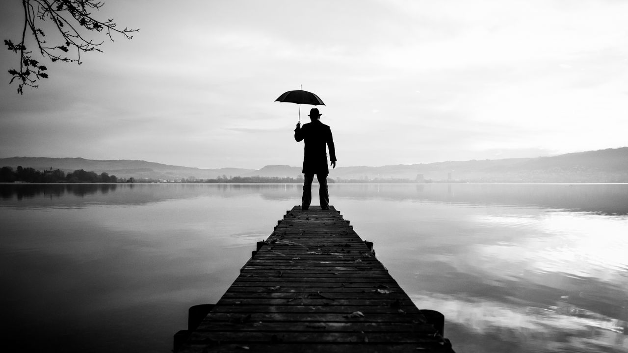 Wallpaper silhouette, alone, umbrella, hat, pier, water, black and white