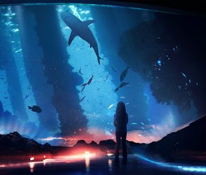 Preview wallpaper silhouette, aquarium, fish, dark, backlight