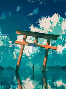 Preview wallpaper silhouette, arch, clouds, water, reflection, art