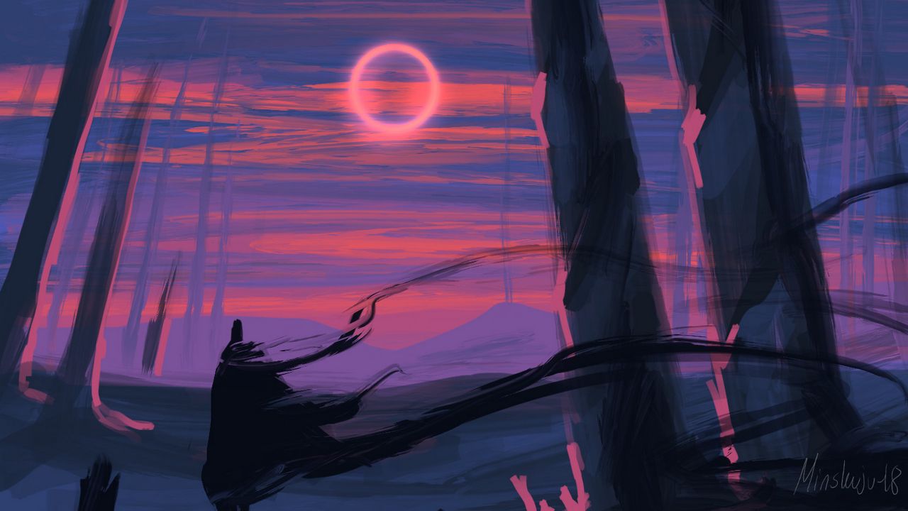 Wallpaper silhouette, art, moon, trees, line, sunset