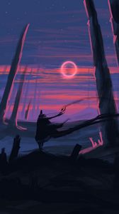 Preview wallpaper silhouette, art, moon, trees, line, sunset