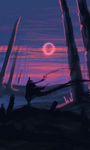 Preview wallpaper silhouette, art, moon, trees, line, sunset