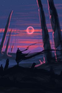 Preview wallpaper silhouette, art, moon, trees, line, sunset