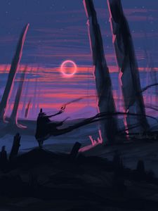 Preview wallpaper silhouette, art, moon, trees, line, sunset