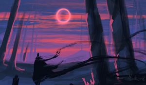 Preview wallpaper silhouette, art, moon, trees, line, sunset