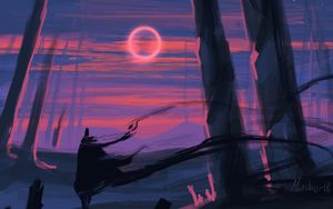 Preview wallpaper silhouette, art, moon, trees, line, sunset