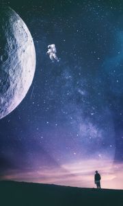 Preview wallpaper silhouette, astronaut, space, starry sky, view