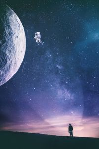 Preview wallpaper silhouette, astronaut, space, starry sky, view