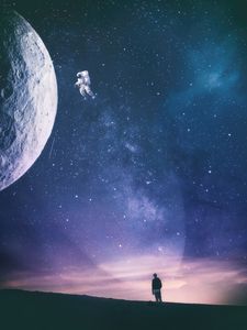 Preview wallpaper silhouette, astronaut, space, starry sky, view