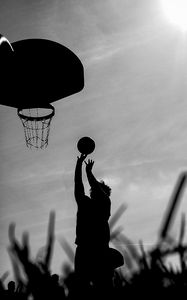 Preview wallpaper silhouette, ball, basketball hoop, basketball, black and white