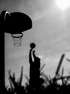 Preview wallpaper silhouette, ball, basketball hoop, basketball, black and white