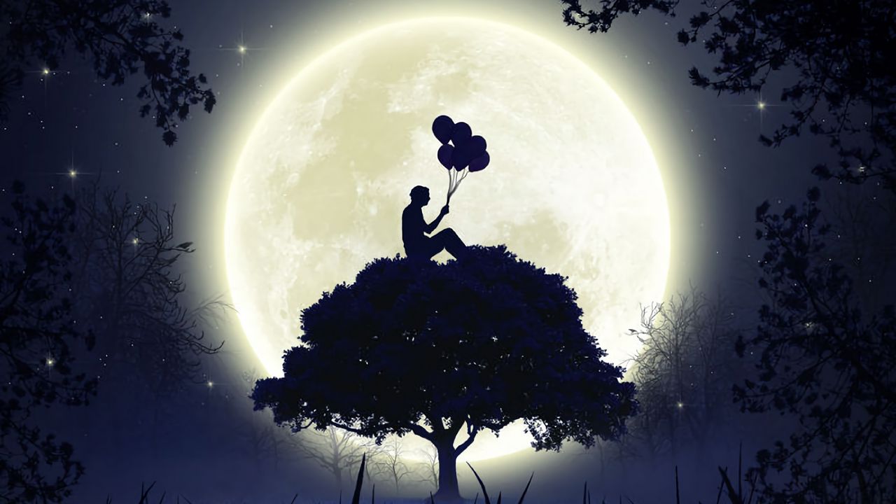 Wallpaper silhouette, balloons, moon, full moon, tree, art