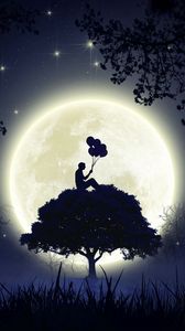 Preview wallpaper silhouette, balloons, moon, full moon, tree, art