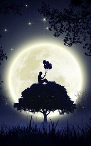 Preview wallpaper silhouette, balloons, moon, full moon, tree, art