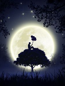 Preview wallpaper silhouette, balloons, moon, full moon, tree, art