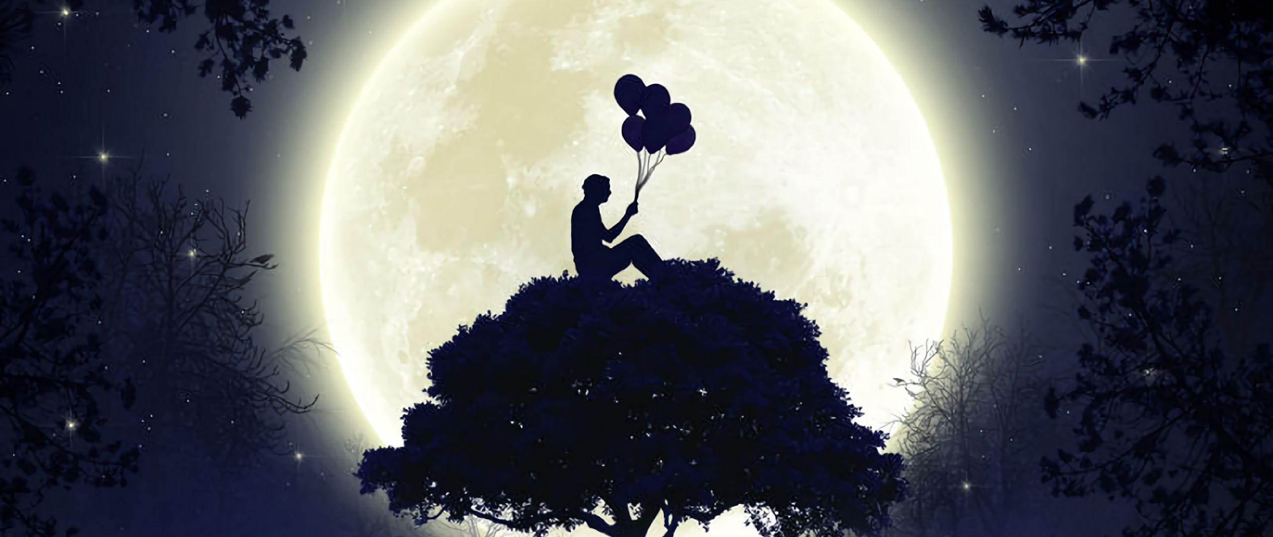 Download wallpaper 2560x1080 silhouette, balloons, moon, full moon