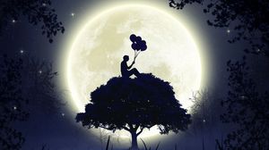 Preview wallpaper silhouette, balloons, moon, full moon, tree, art