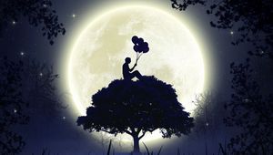 Preview wallpaper silhouette, balloons, moon, full moon, tree, art