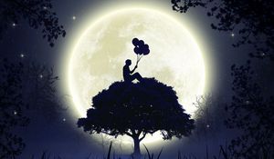 Preview wallpaper silhouette, balloons, moon, full moon, tree, art