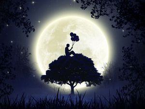 Preview wallpaper silhouette, balloons, moon, full moon, tree, art