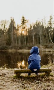 Preview wallpaper silhouette, bench, lake, forest, sunset