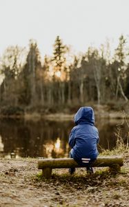 Preview wallpaper silhouette, bench, lake, forest, sunset