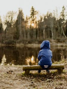 Preview wallpaper silhouette, bench, lake, forest, sunset