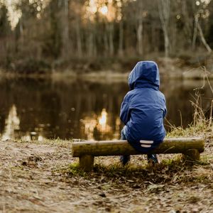Preview wallpaper silhouette, bench, lake, forest, sunset
