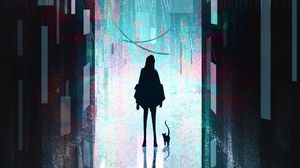Preview wallpaper silhouette, building, girl, cat, art, loneliness