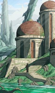 Preview wallpaper silhouette, building, river, rocks, fantasy, art
