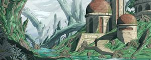 Preview wallpaper silhouette, building, river, rocks, fantasy, art