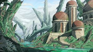 Preview wallpaper silhouette, building, river, rocks, fantasy, art
