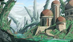 Preview wallpaper silhouette, building, river, rocks, fantasy, art