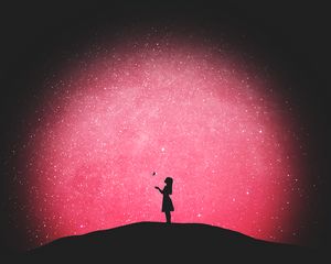 Preview wallpaper silhouette, butterfly, girl, starry sky, loneliness