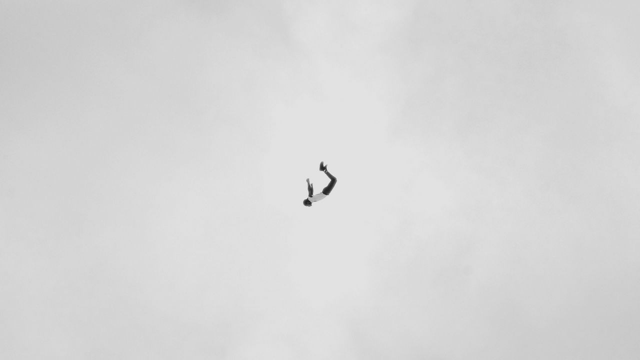 Wallpaper silhouette, bw, flight, jump, forest, minimalism