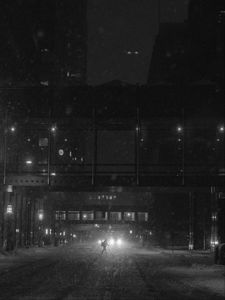Preview wallpaper silhouette, bw, night, city, cloudy