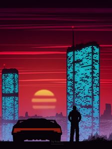Preview wallpaper silhouette, car, city, sunset, buildings, art, vector