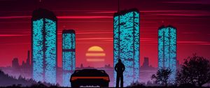 Preview wallpaper silhouette, car, city, sunset, buildings, art, vector