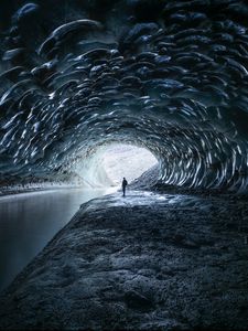 Preview wallpaper silhouette, cave, ice, river, tunnel