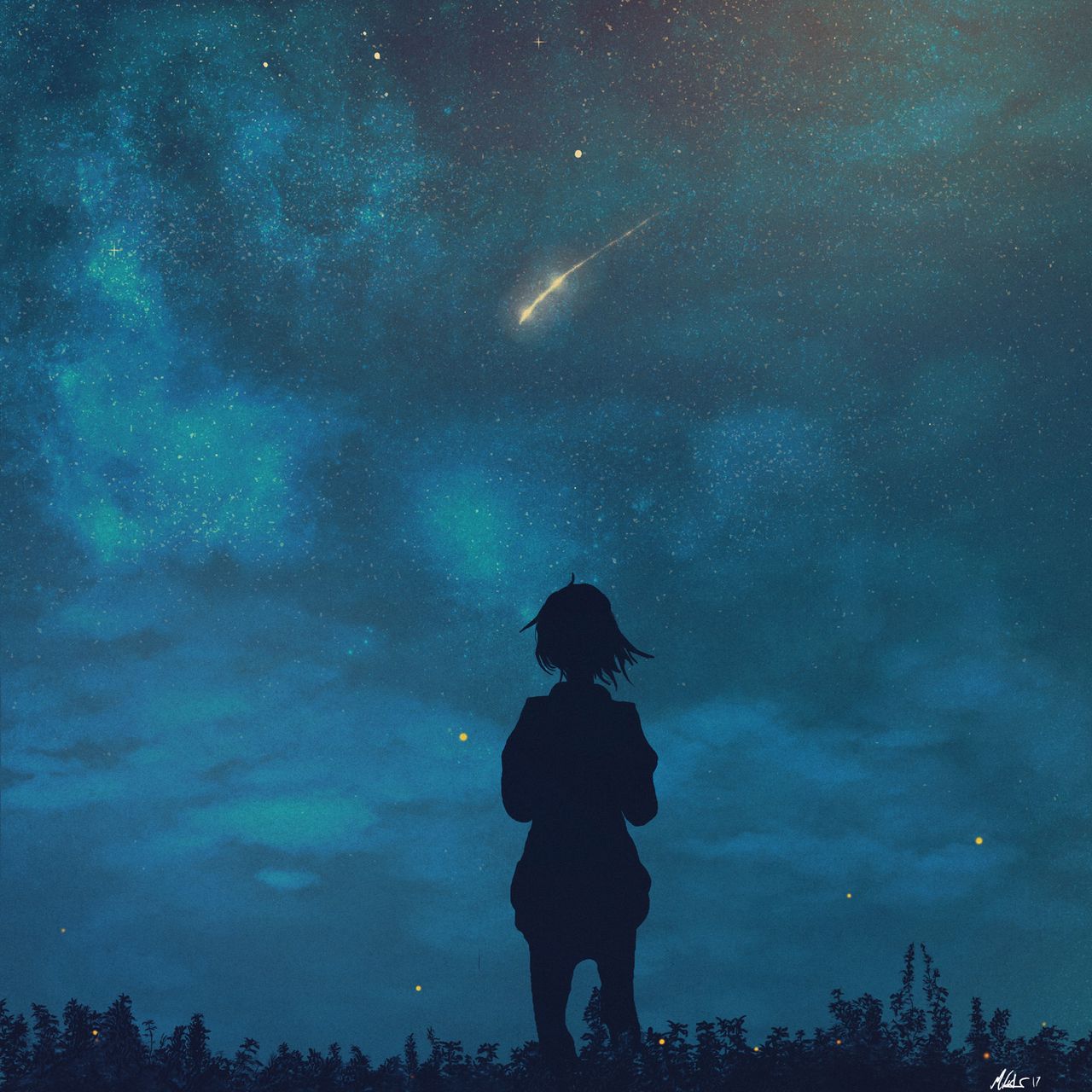 Download wallpaper 1280x1280 silhouette, child, starry sky, night ...